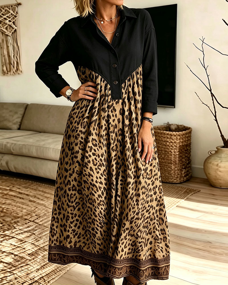 Kleid Hemdkragen Knopfleiste Leopardenmuster Tasche