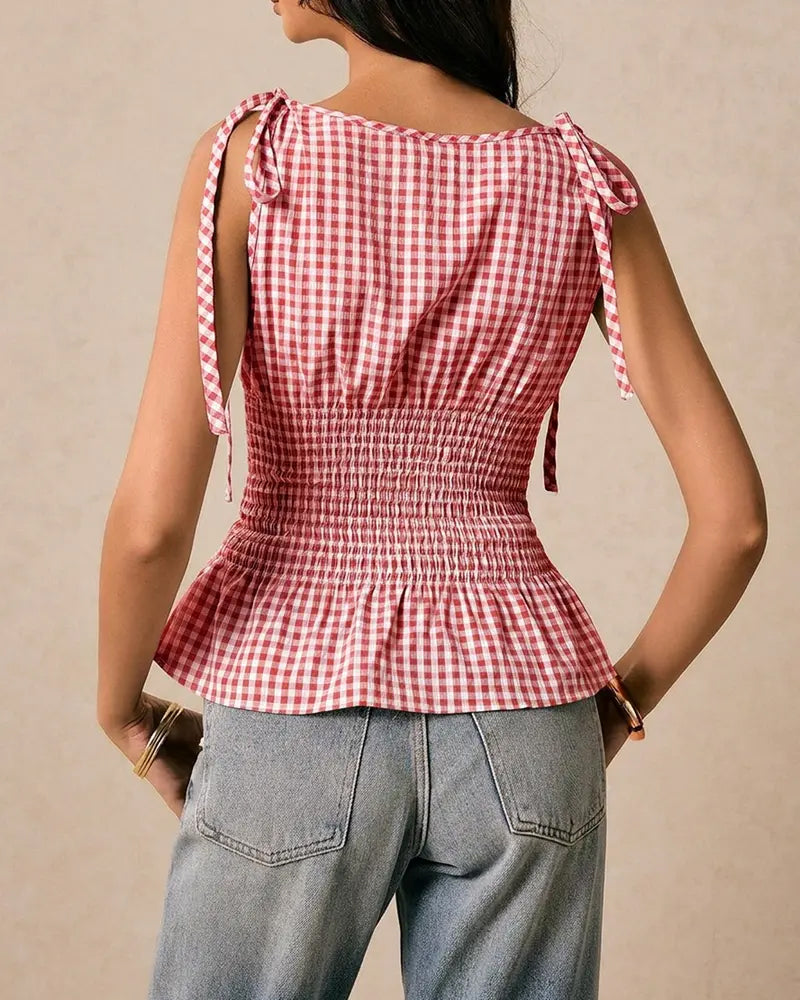 Bluse Ärmellos Karo Binden Taille