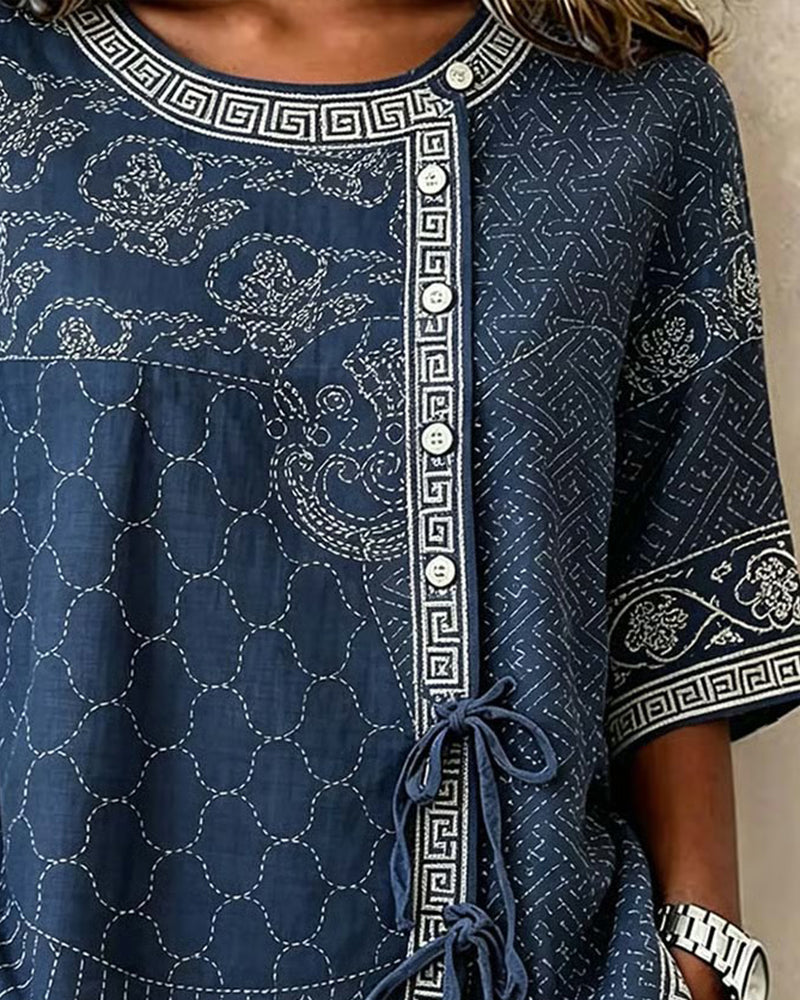 Bluse Binden Seite Asymmetrische Knopfleiste Rundhalsausschnitt