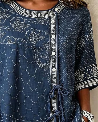 Bluse Binden Seite Asymmetrische Knopfleiste Rundhalsausschnitt