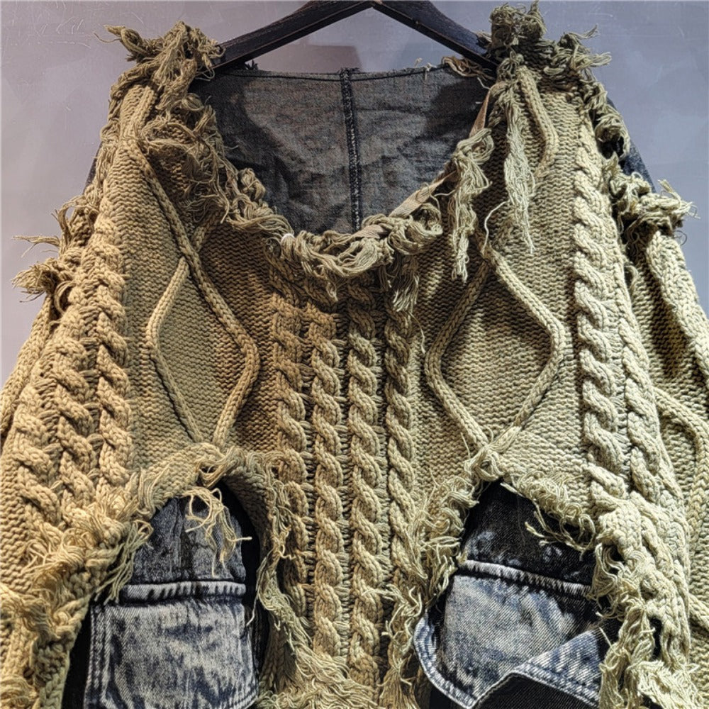 Distressed Knit Sweater with Denim Patchwork for Women - Piera