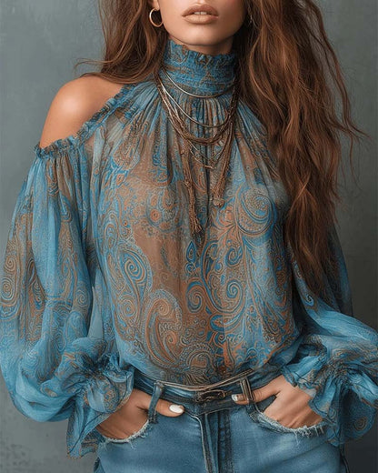 Bluse Bedruckt Off-Shoulder Mandarin Kragen