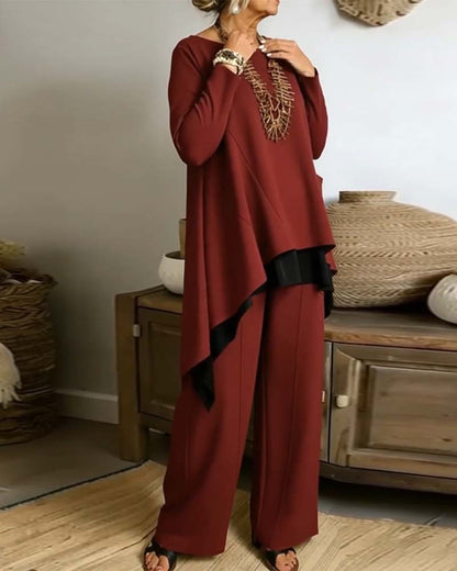 Set unregelmäßig langärmliges Top und gerade geschnittene Hose