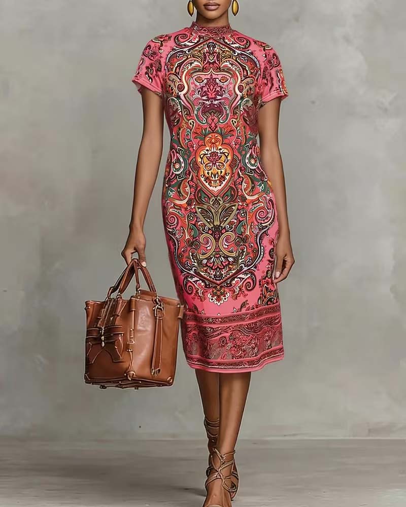 Kleid Vintage Druck Rollkragen