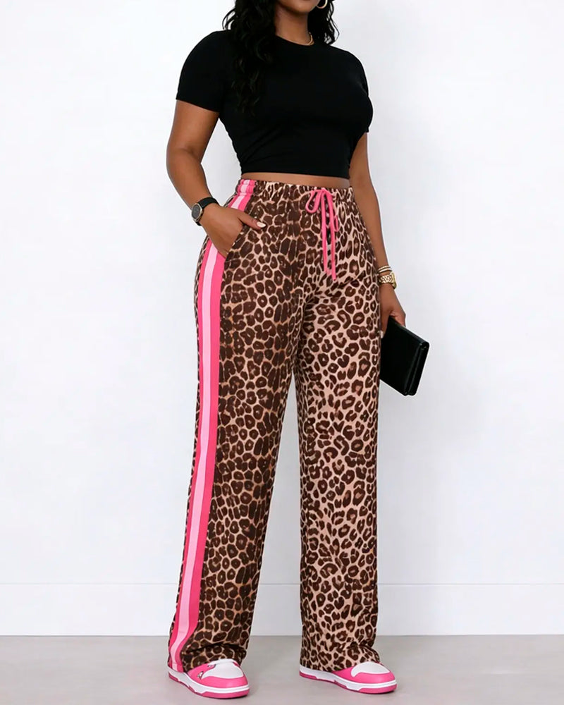 Hose Colorblock Leopardenmuster Kordelzug gerade geschnitten