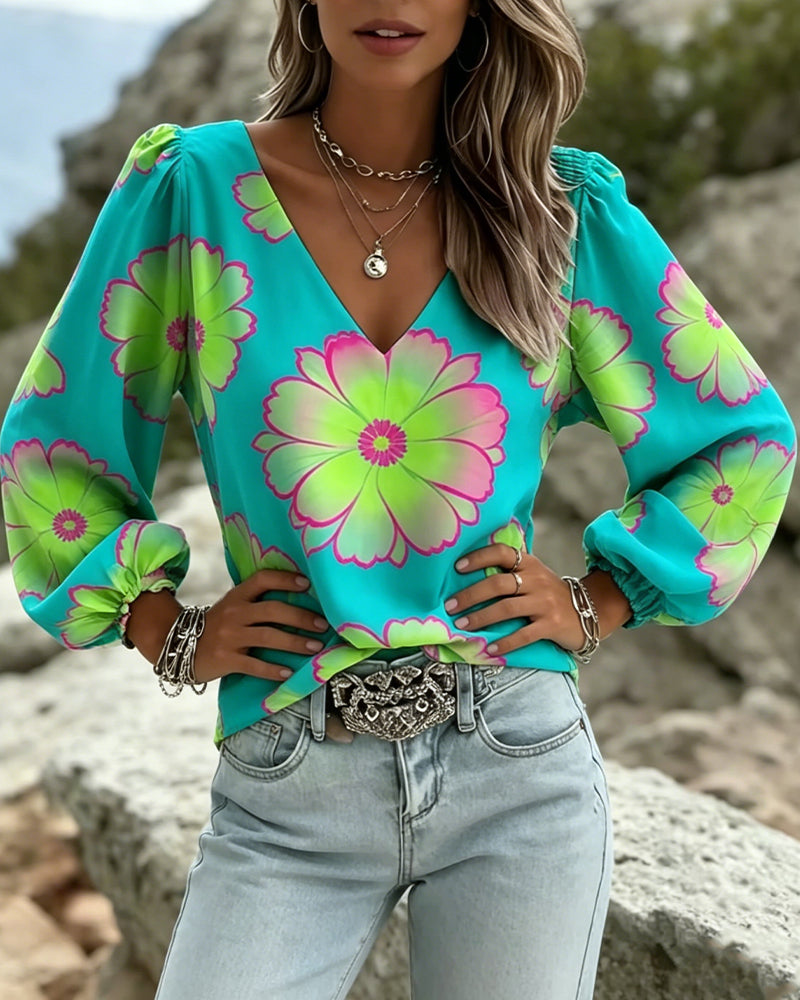 Bluse Farbblock Großer Blumenprint Laternenärmel