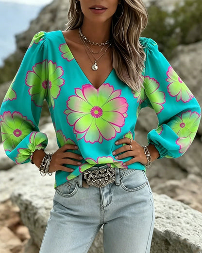 Bluse Farbblock Großer Blumenprint Laternenärmel