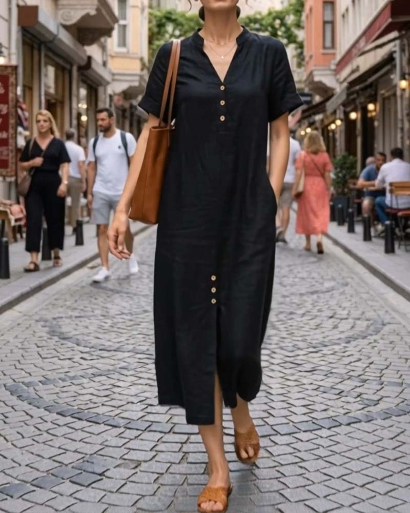 Kleid V-Ausschnitt Kurzarm Knopf