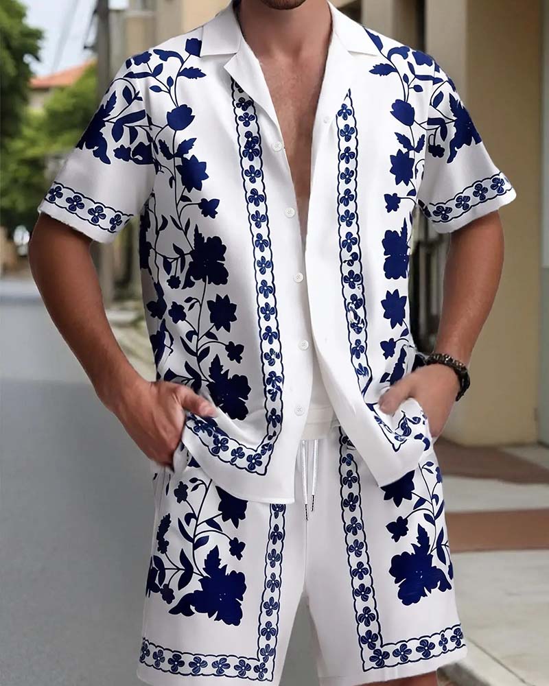 Herren Set Blaues Porzellan Knopfleiste Kurzarm