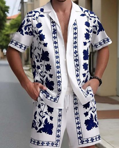 Herren Set Blaues Porzellan Knopfleiste Kurzarm
