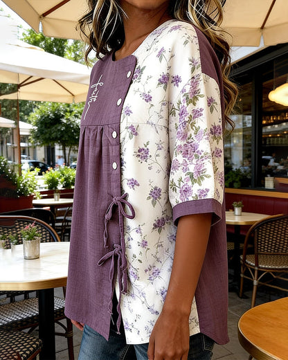 Bluse Asymmetrisch Zusammengefügt Geblümt Farbblock