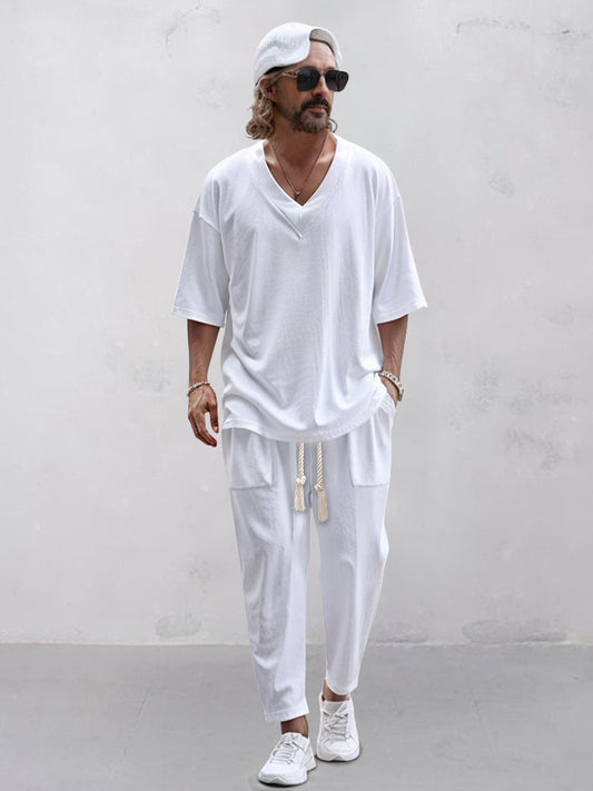 White 3/4 sleeve set with drawstring pants - Elias