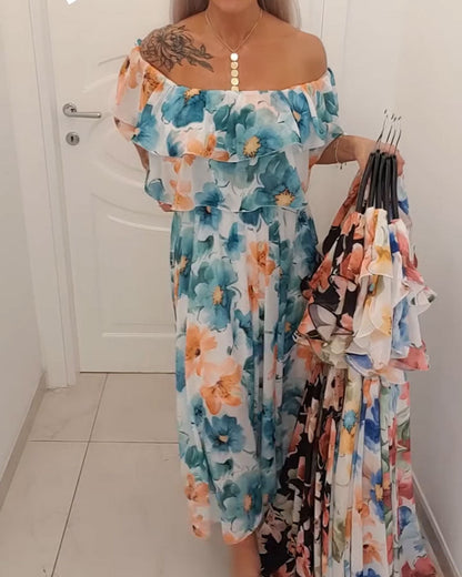 Kleid Aquarell Blumig Off-Shoulder Kuchen Lang