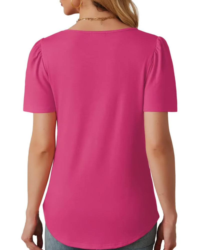 T-Shirt Plissiert Locker Rundhalsausschnitt Kurzarm