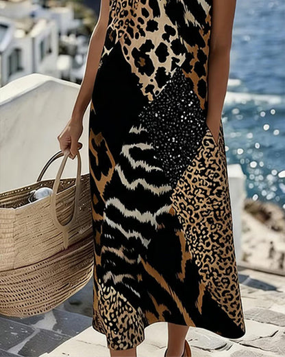 Kleid Patchwork Leopardenmuster Ärmellos Lang