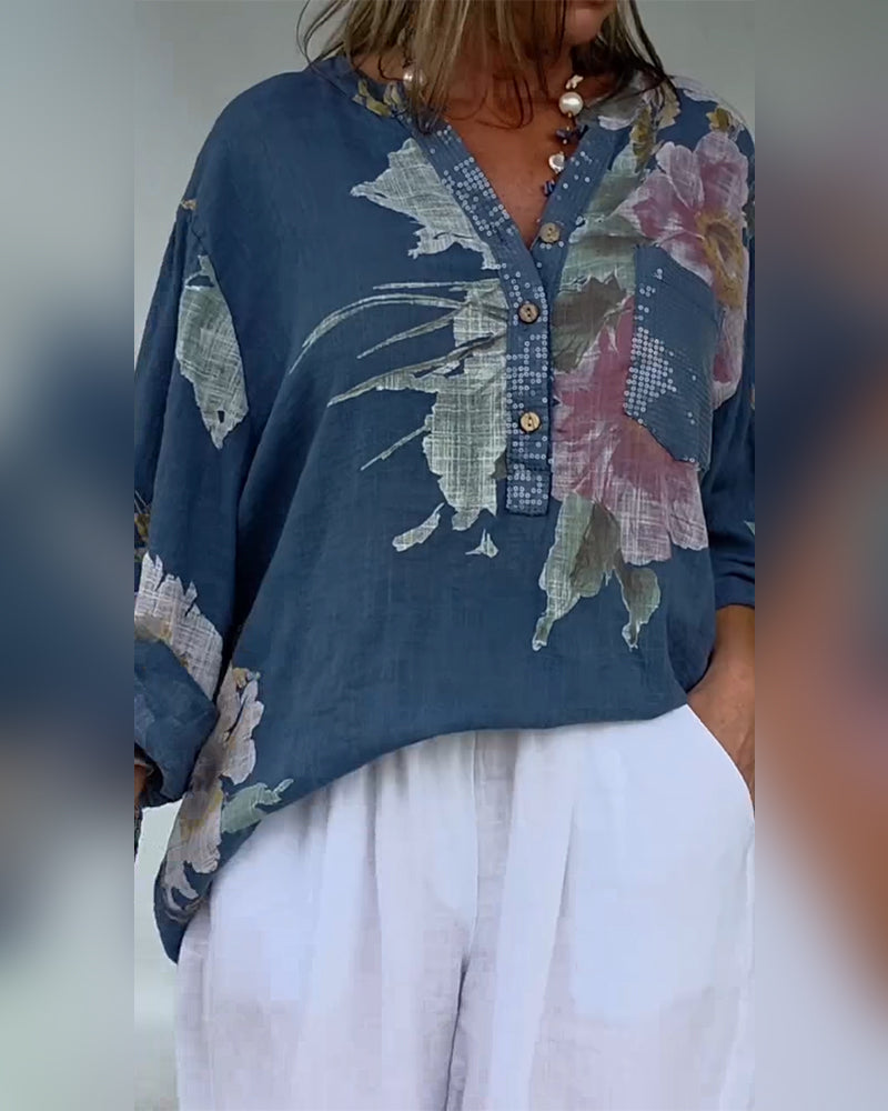 Bluse offene Vorderseite Pailletten Patchwork bedruckt