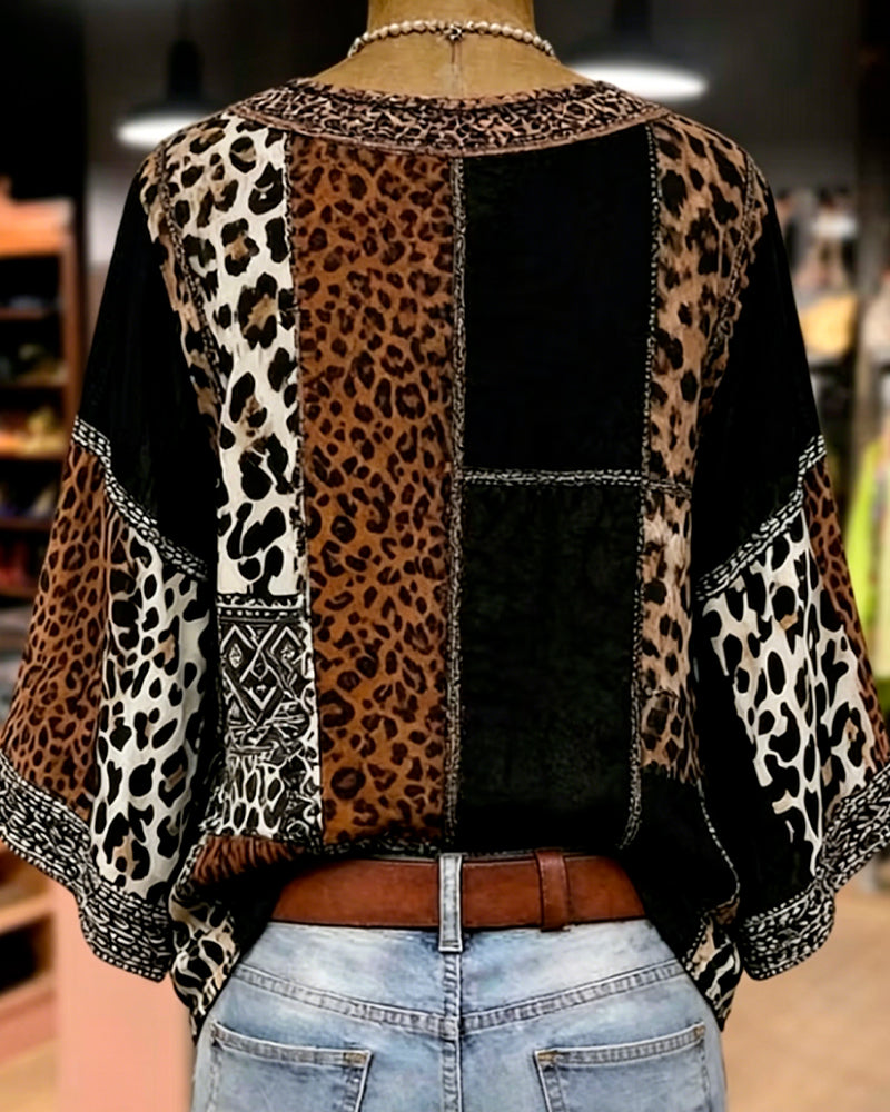 Bluse Leopard Patchwork Laterne Ärmel