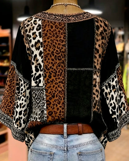Bluse Leopard Patchwork Laterne Ärmel