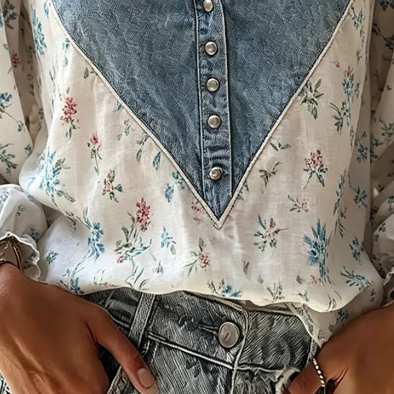 Bluse V-Ausschnitt Blumenprint Puffärmel Denim Panel