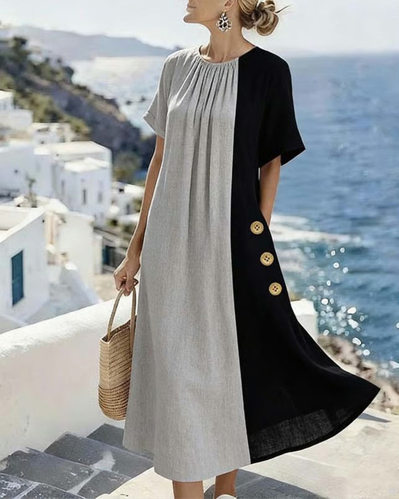 Kleid Kontrastfarbe Runder Halsausschnitt Casual Lang