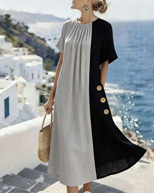 Kleid Kontrastfarbe Runder Halsausschnitt Casual Lang
