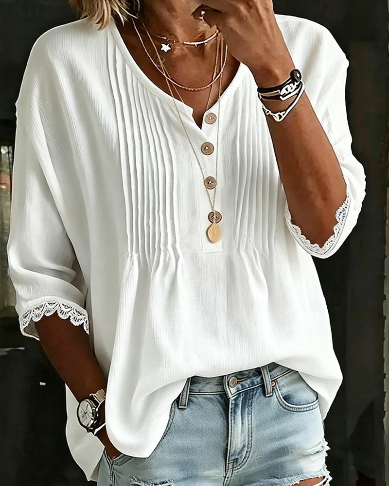 Bluse Plissiert Knopf Spitzenbesatz