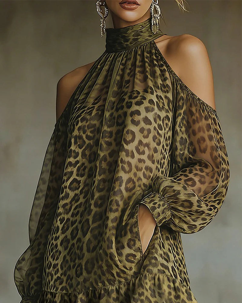 Kleid Mode Off-Shoulder Halfter Leopard