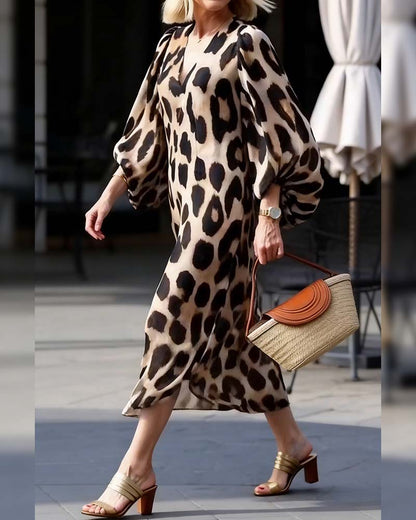 Kleid Laternenärmel V-Ausschnitt Leopardenprint
