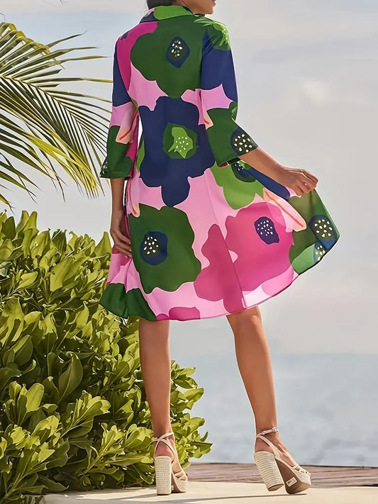 Suzen - Elegantes Kleid mit 3/4-Ärmeln, Blumendruck und Kragen