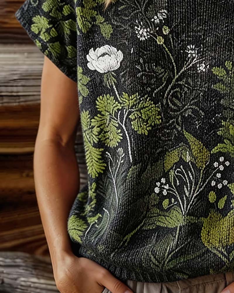 T-Shirt Rundhals Gestrickt Print Kurz