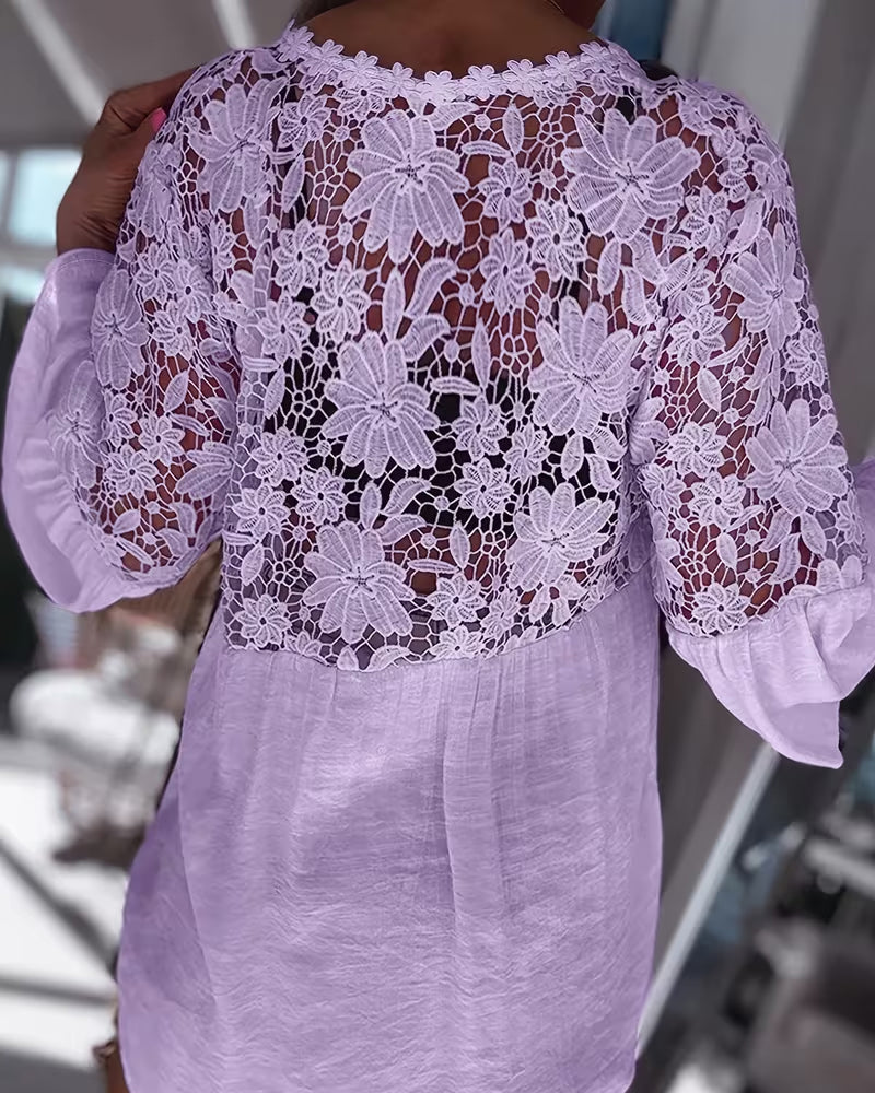 Blouse Mode Geschnitten Spitze Patchwork