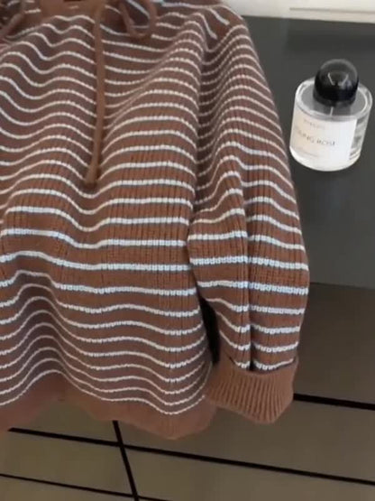 Vintage Kaffee Farbener Kapuzenstrickpullover mit Streifen und Schnürung