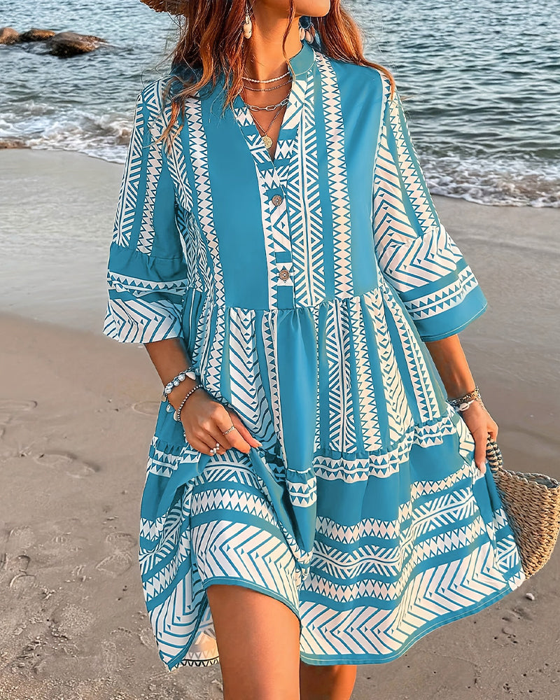 Kleid Stehkragen Geometrischer Druck