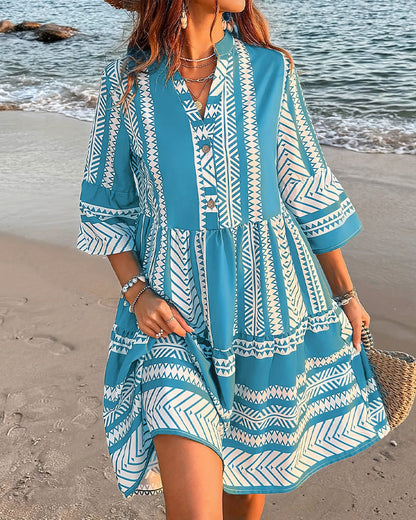 Kleid Stehkragen Geometrischer Druck