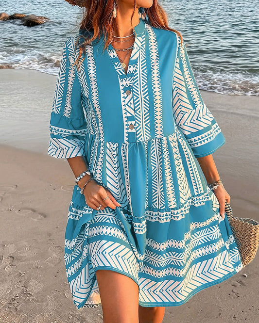 Kleid Stehkragen Geometrischer Druck