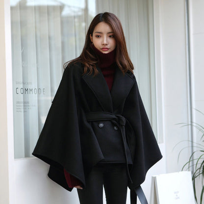 Belted Cape Coat with Wide Sleeves for Women - Tonia