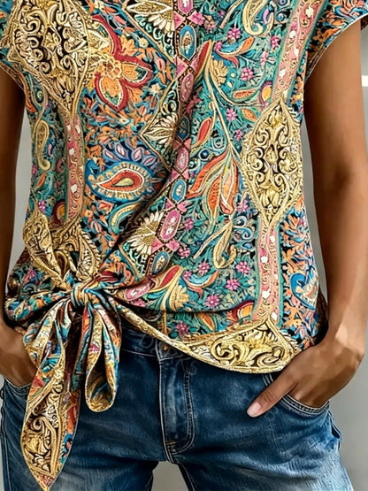 Bluse Print Kurzarm Binden Vorne