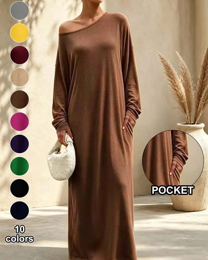 Kleid Asymmetrisch Off-Shoulder Langarm Tasche Maxi