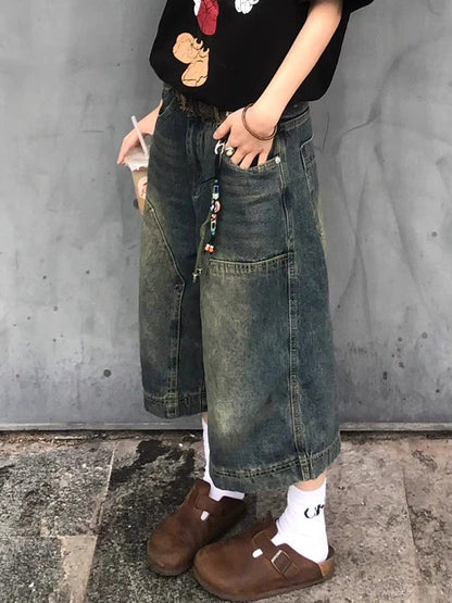 Blaue Amerikanische Vintage Washed Aged Denim Short