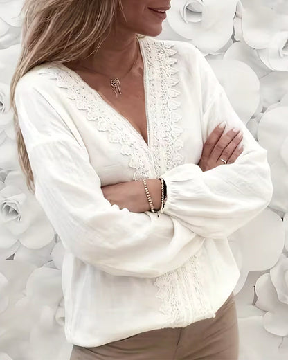 blouse elegant spitzenbesatz v-ausschnitt