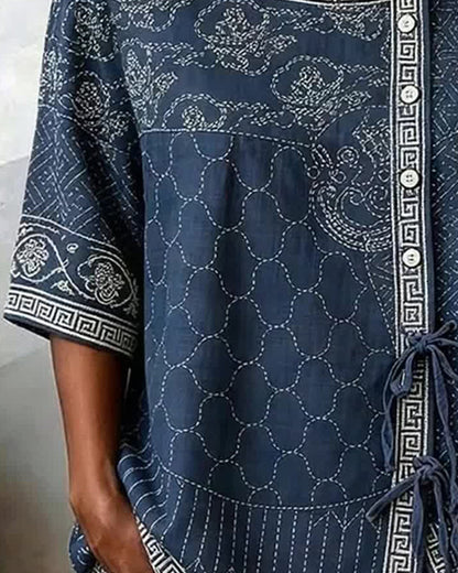 Bluse Binden Seite Asymmetrische Knopfleiste Rundhalsausschnitt
