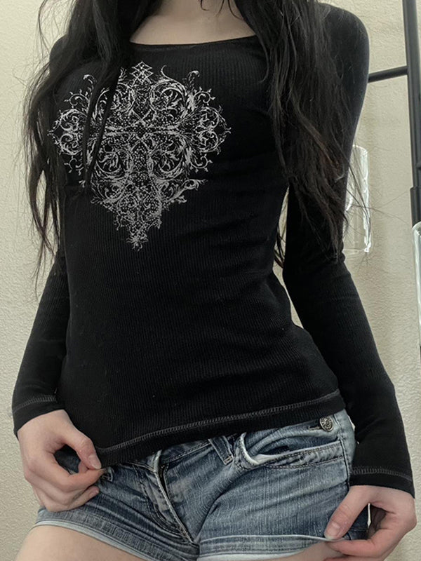 Schwarzes Vintage Print Langarmshirt