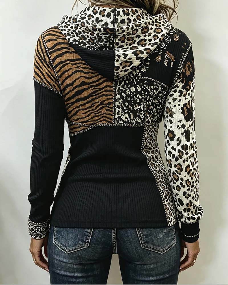 Oberteil Leopard Patchwork Halber Reißverschluss Mit Kapuze