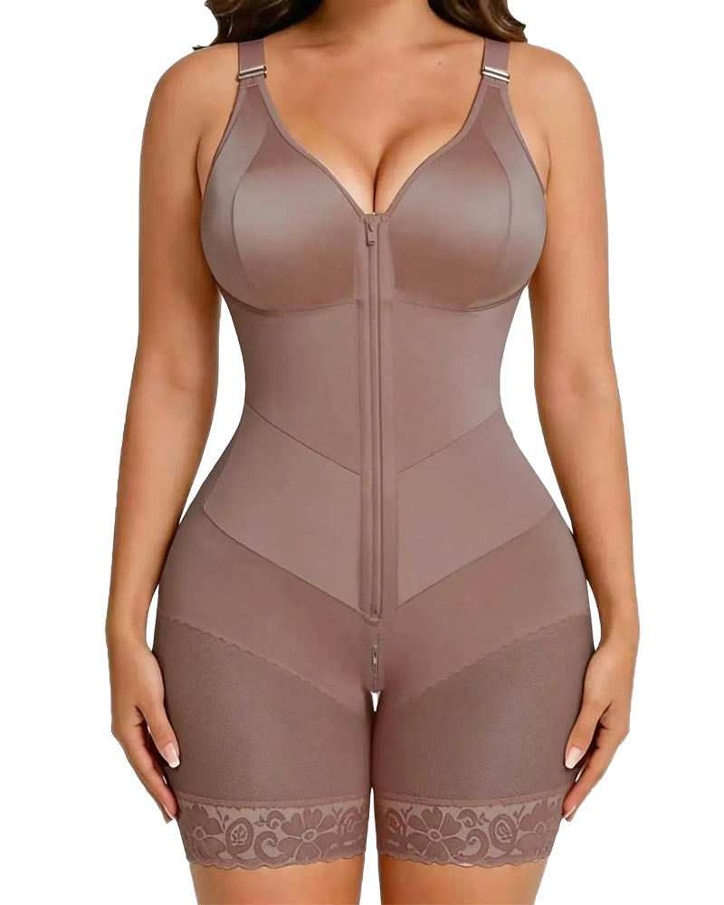 Damen Reißverschluss Spitze Bauchkontrolle Shapewear Bodysuit