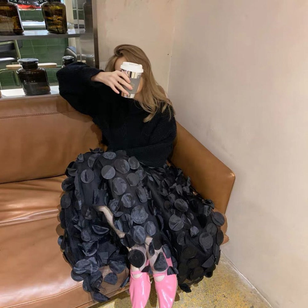 Black Polka Dot Mesh Midi Skirt for Women - Clelia