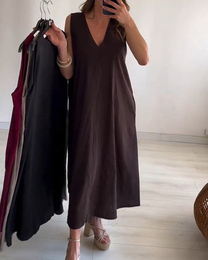 Kleid Tief V Ärmellos Lang
