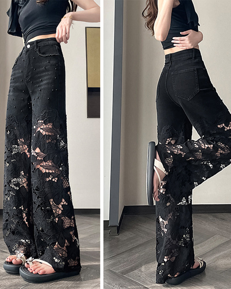 Jeans Damen Strass Ausschnitt Weites Bein