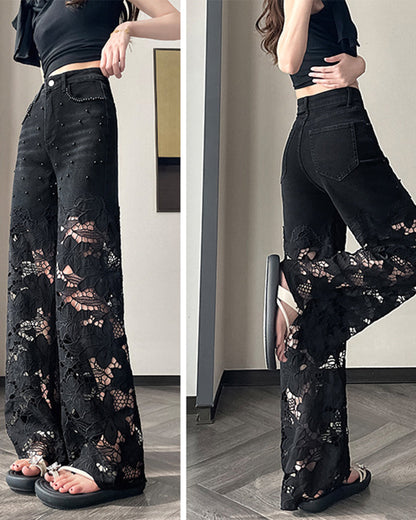 Jeans Damen Strass Ausschnitt Weites Bein