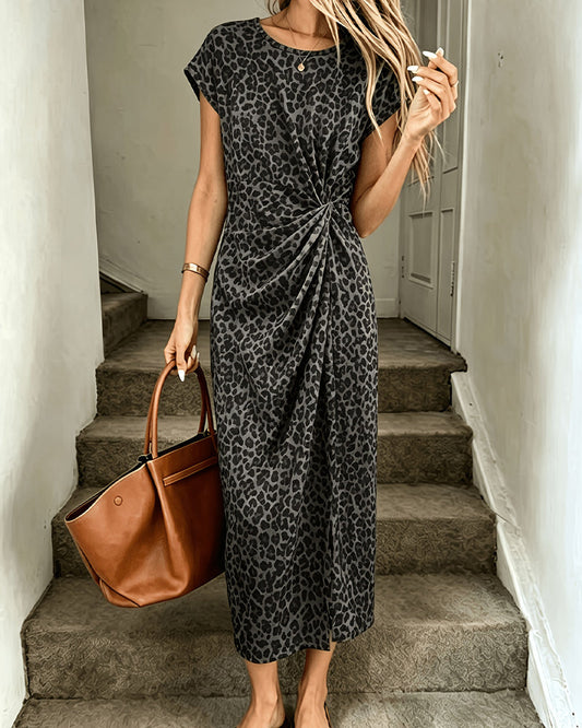 Kleid Rundhals Twist Vorne Leopard Kurzarm Lang