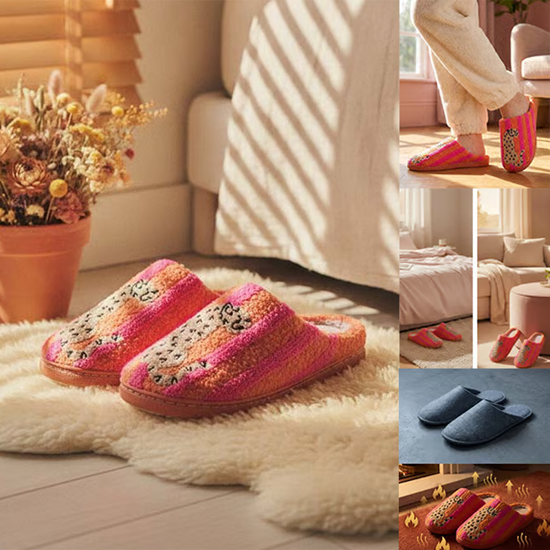 Dames Retro Gestreept & Luipaard Pluizige Pantoffels